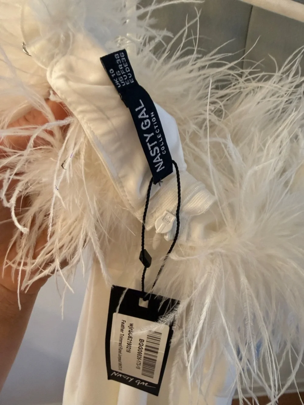 White Party, Bridal, Holiday Strapless Feather-Trim Sleeveless Jumpsuit M/6 NWT - Picture 3 of 11